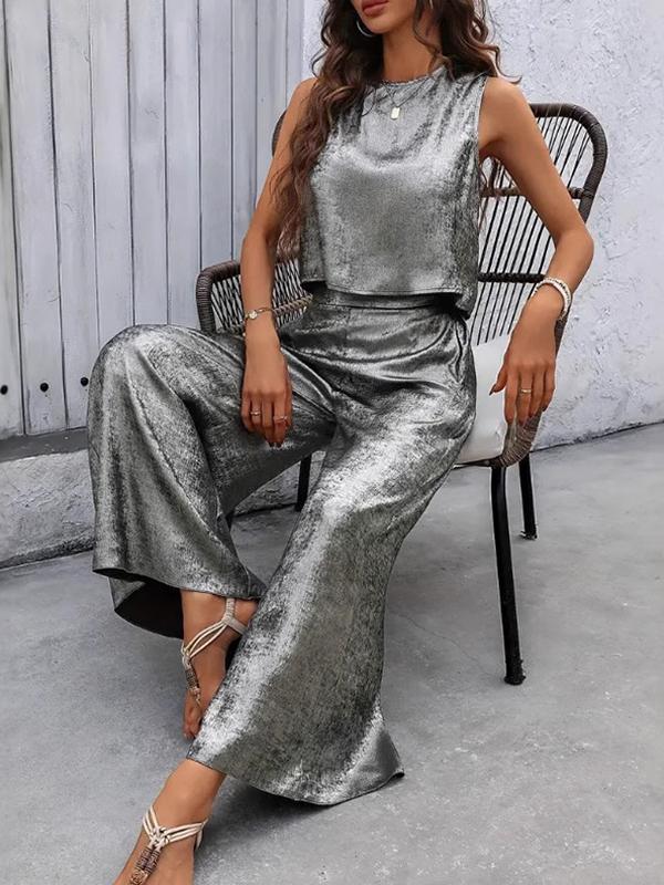 Loose Sleeveless Hollow Shiny Split-Joint Round-Neck Two Pieces Set Product Image
