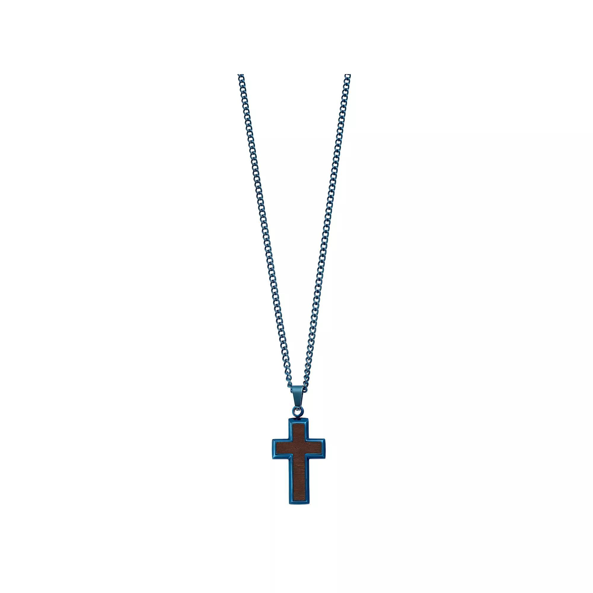 Kristen Kesho Stainless Steel Gold Plated with Wood Inlay Cross Pendant Necklace, Men's, Size: 24", Blue Product Image