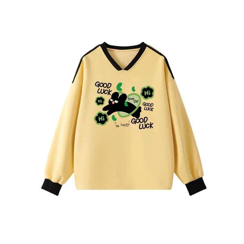 V-Neck Cartoon Print Oversized Pullover Product Image
