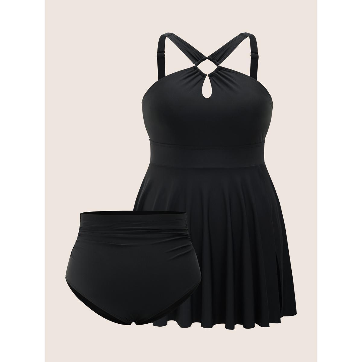 Plus Size Plain Cut Out Split Side Swim Dress Women's Swimwear Black Beach Bodycon Halter neck High stretch Curve Swim Dresses BloomChic 10/M Product Image