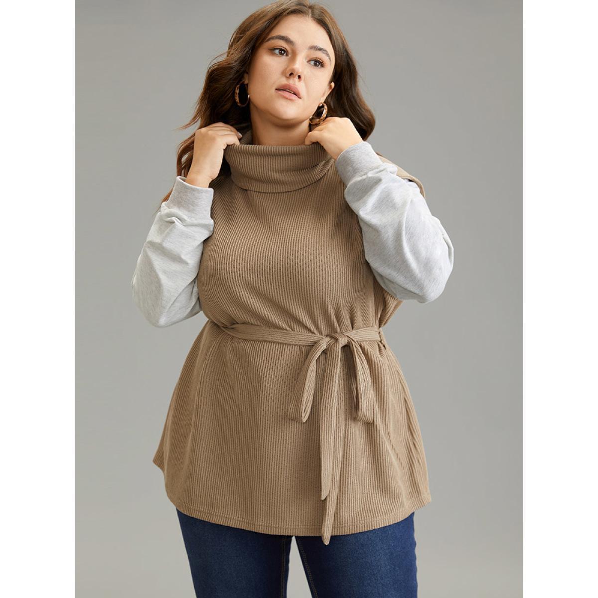 Plus Size 2-In-1 Turtleneck Texture Patchwork Belted Sweatshirt Women LightBrown Casual Texture Turtleneck Dailywear Sweatshirts BloomChic 28/5X Product Image