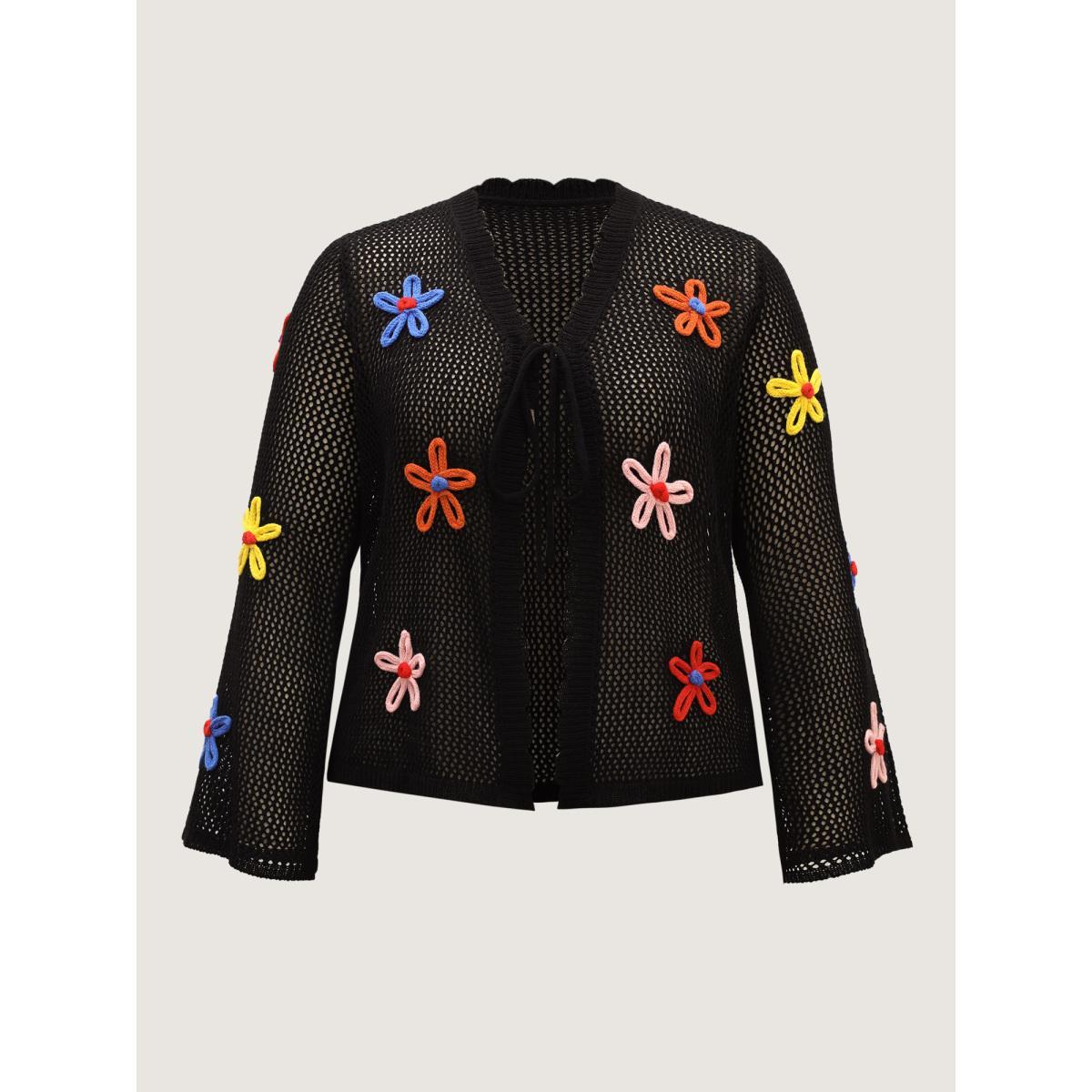 Plus Size Knit Floral Front Tie Cardigan Black Women Casual Loose Long Sleeve Everyday Cardigans BloomChic 12/L Product Image