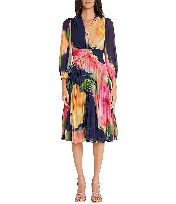 Maggy London Printed Chiffon Pleated V Neckline Long Sleeve Midi Dress Product Image