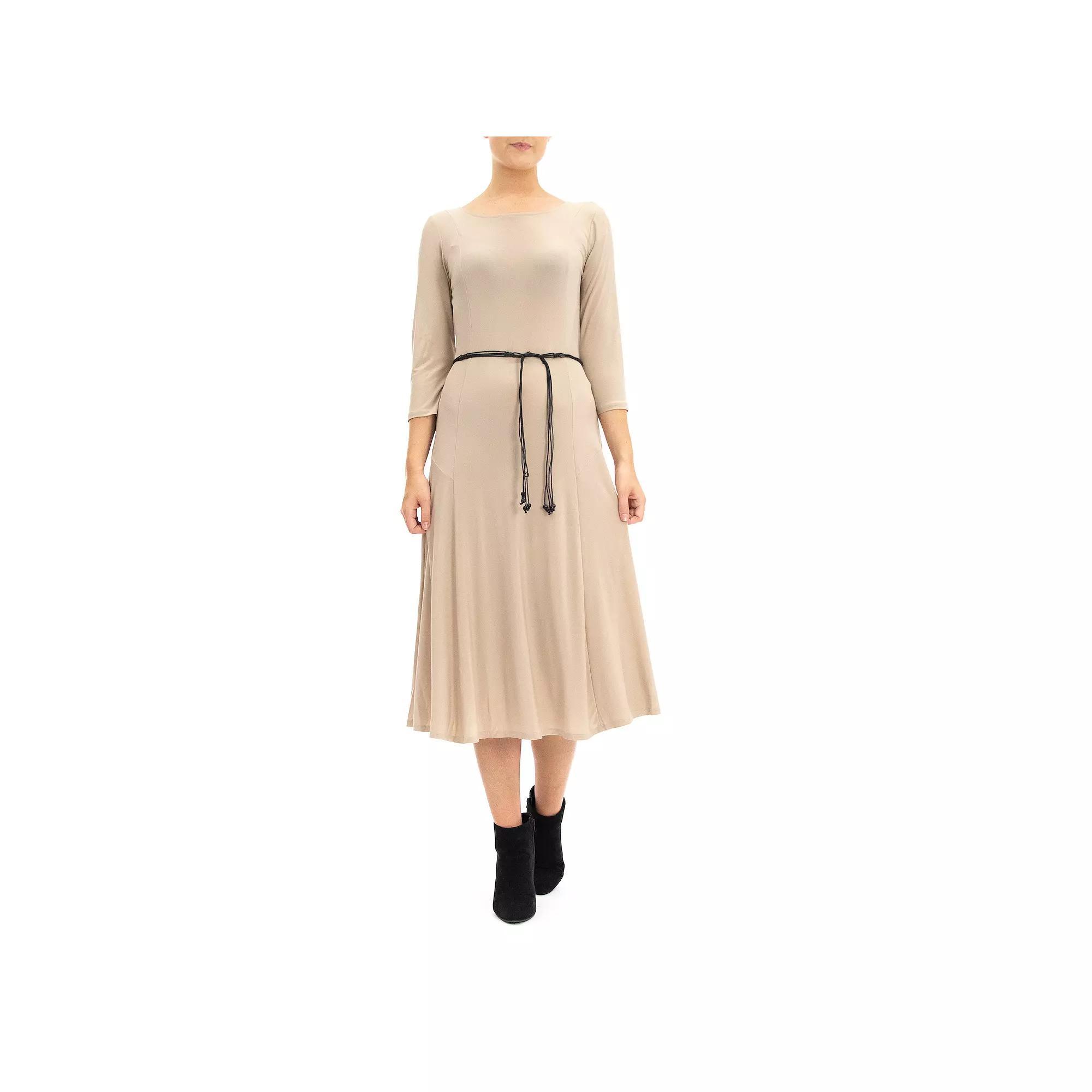 Women's Nina Leonard Three-Quarter Sleeve Belted Midi Dress, Size: Medium, Grey Product Image
