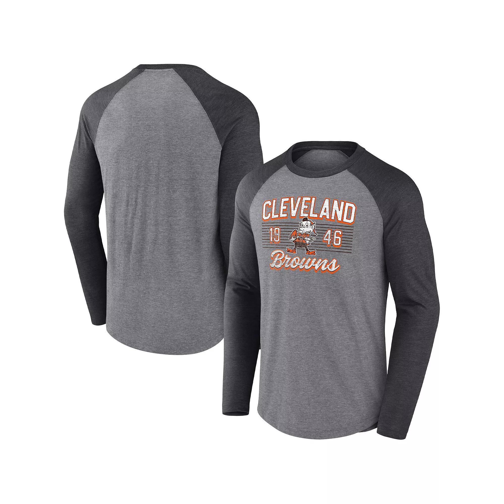 Men's Fanatics Branded Heathered Gray/Heathered Charcoal Cleveland Browns Weekend Casual Tri-Blend Raglan Long Sleeve T-Shirt, Size: Small, Grey Product Image