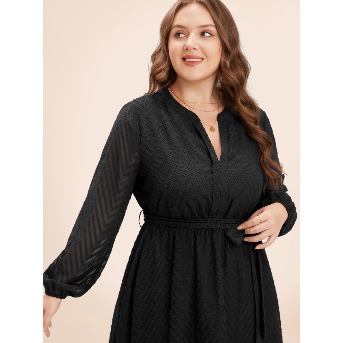 Chiffon Geometric Elegance Plain Navy Belt Plus Size Midi Dress Women Pocket Lantern Sleeve Long Sleeve V Neck Pocket Dailywear Midi Dress BloomChic Product Image