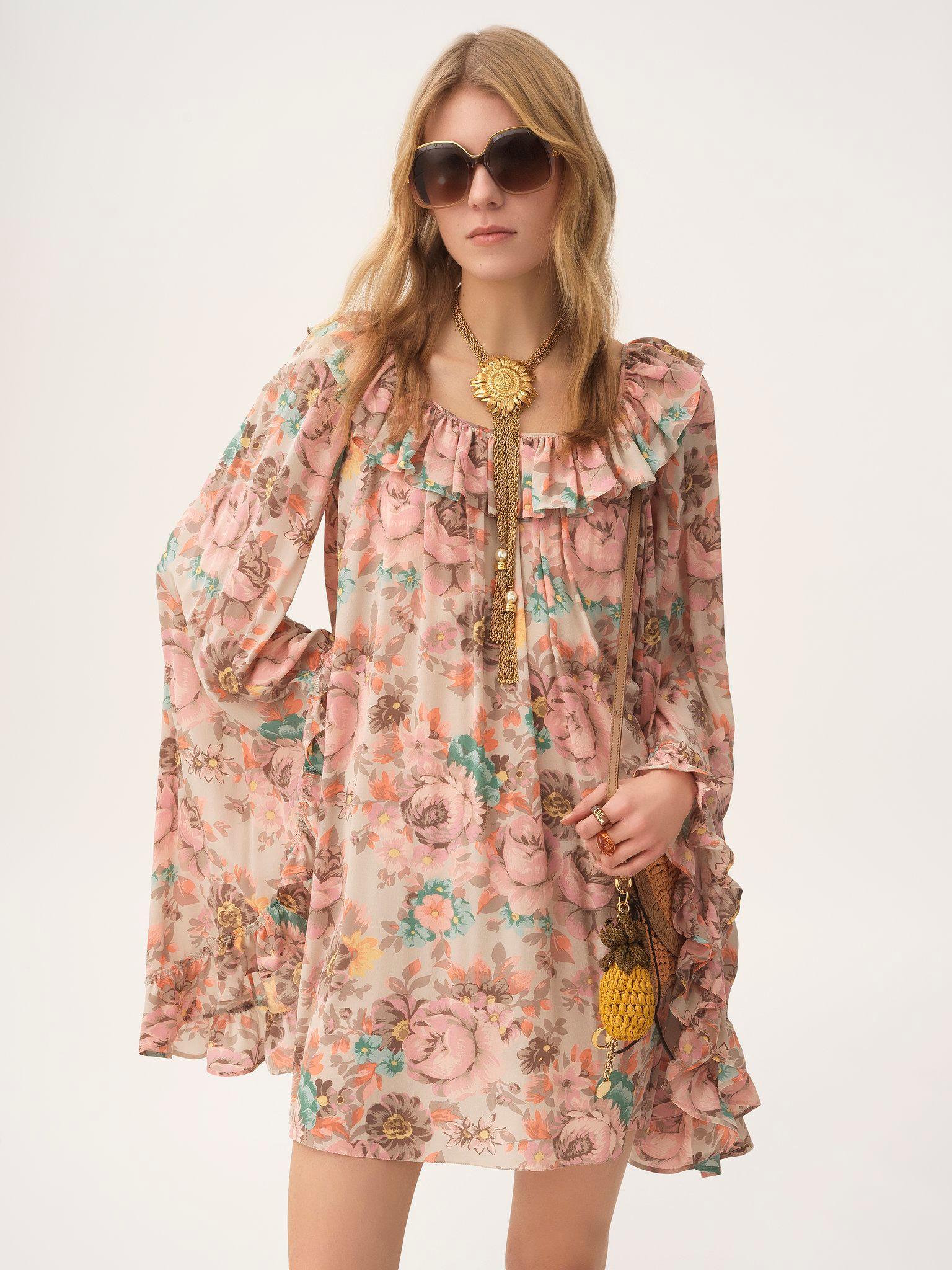 Square-neck ruffled mini dress in crêpe de chine Product Image