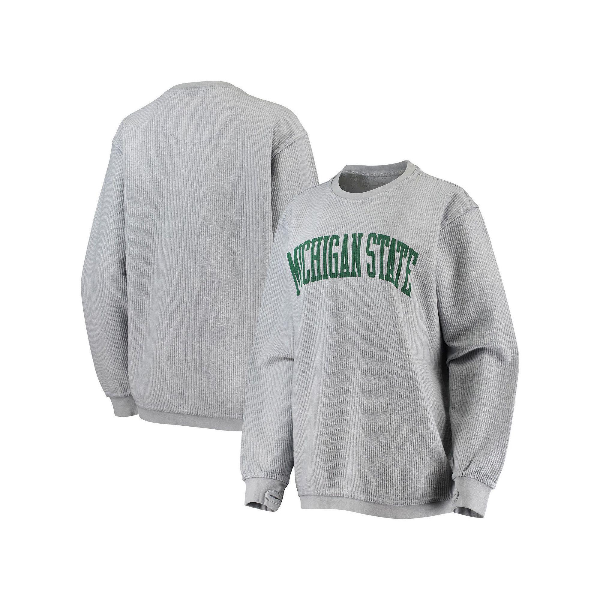 Womens Pressbox Gray Michigan State Spartans Comfy Cord Vintage Wash Basic Arch Pullover Sweatshirt Product Image