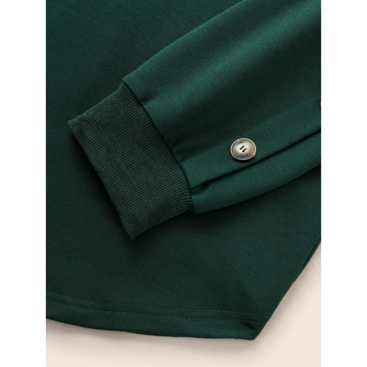 Plus Size Crew Neck Patchwork Button Detail Sweatshirt Women DarkGreen Casual Patchwork Round Neck Everyday Sweatshirts BloomChic 22-24/3X Product Image
