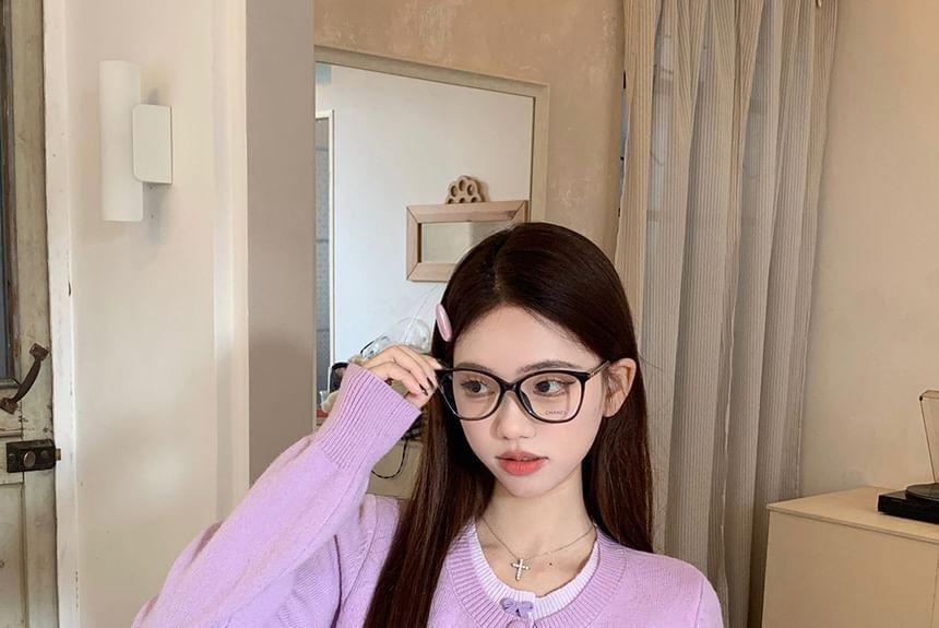 Round Neck Two Tone Bow Embroidered Mock Two-Piece Cardigan Product Image