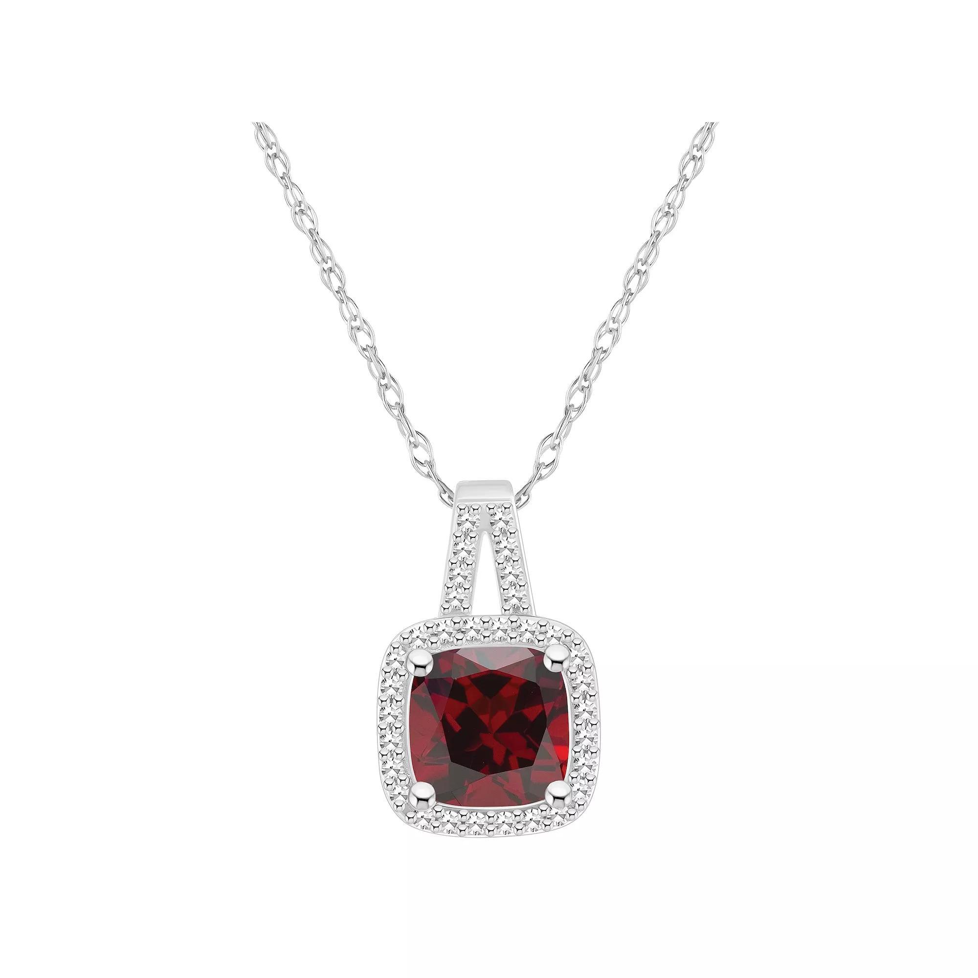 Celebration Gems Sterling Silver 7 mm Cushion Gemstone & 1/6 Carat T.W. Diamond Halo Pendant Necklace, Women's, Size: 18", Red Product Image
