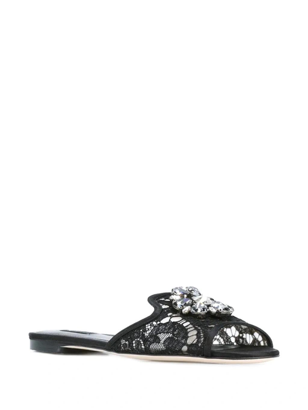 DOLCE & GABBANA Embellished Corded Lace And Lizard-effect Leather Slides In Black Product Image