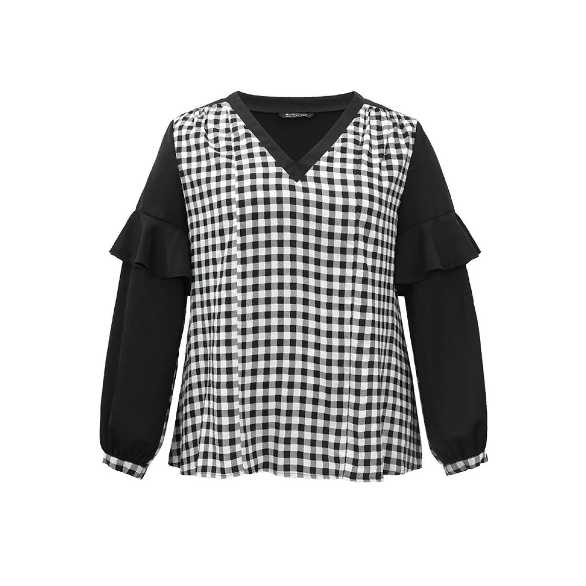 Plus Size Black Gingham Patchwork Ruffle Trim Blouse Women Office Long Sleeve V-neck Work Blouses BloomChic 22-24/3X Product Image