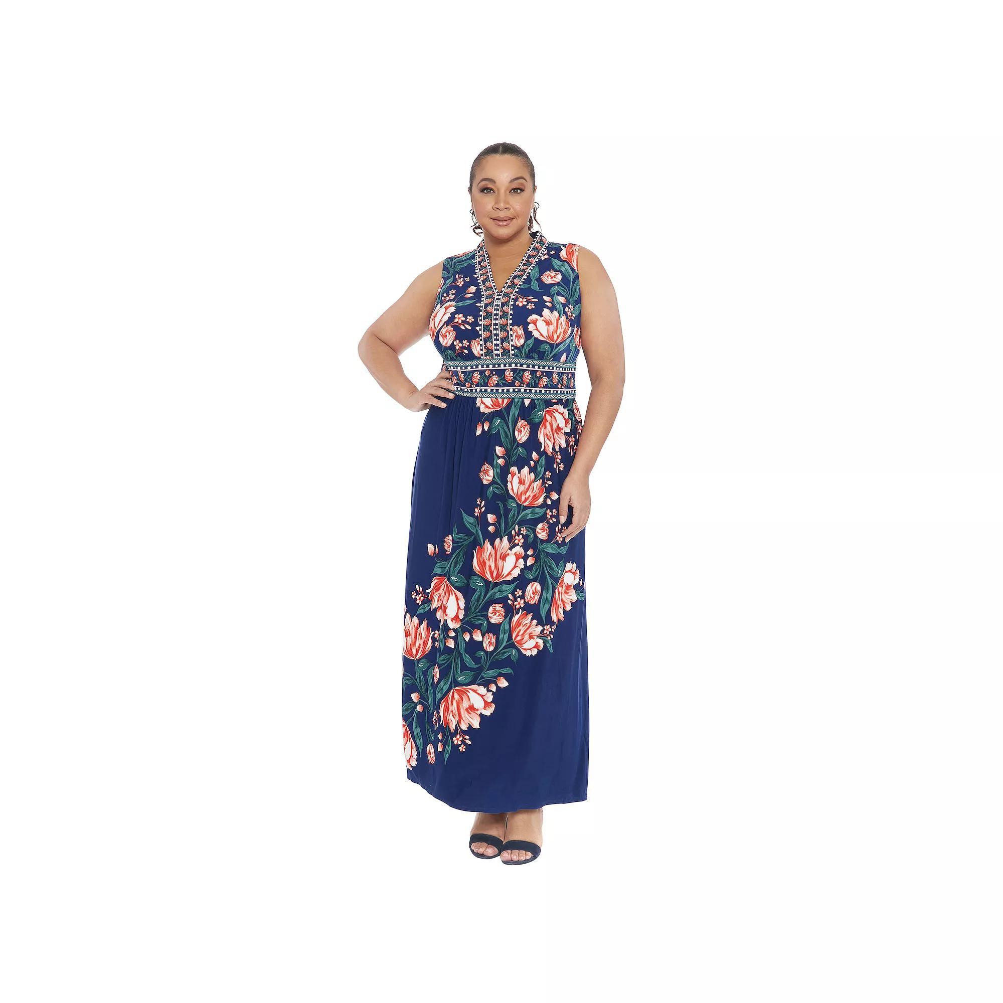 Plus Size London Times V-Neck Sleeveless Maxi Dress, Womens Navy Pink Product Image