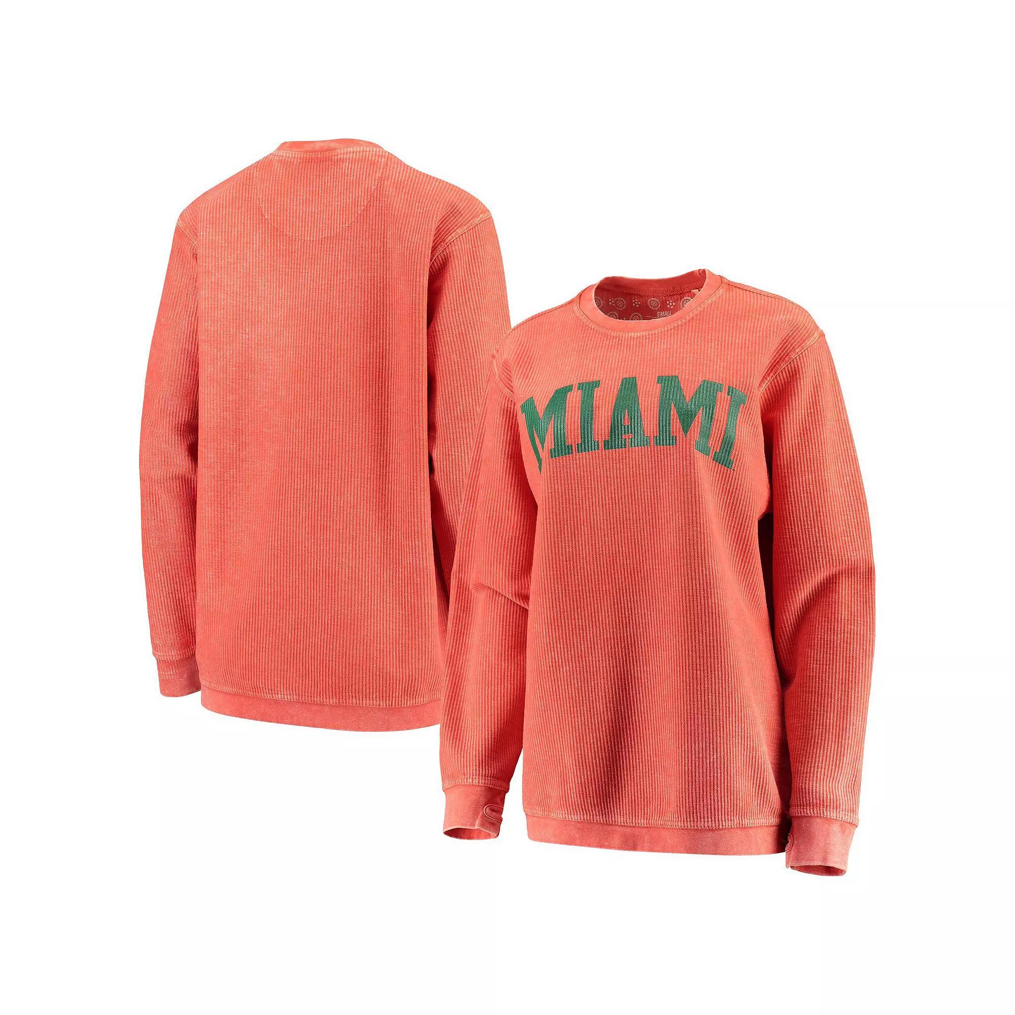 Womens Pressbox Miami Hurricanes Comfy Cord Vintage Wash Basic Arch Pullover Sweatshirt Product Image