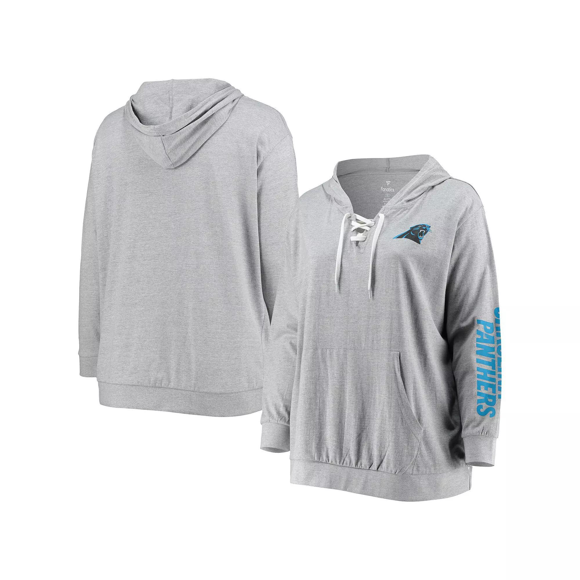 Women's Fanatics Branded Heathered Gray Carolina Panthers Plus Size Lace-Up Pullover Hoodie, Size: 1XL, Grey Product Image