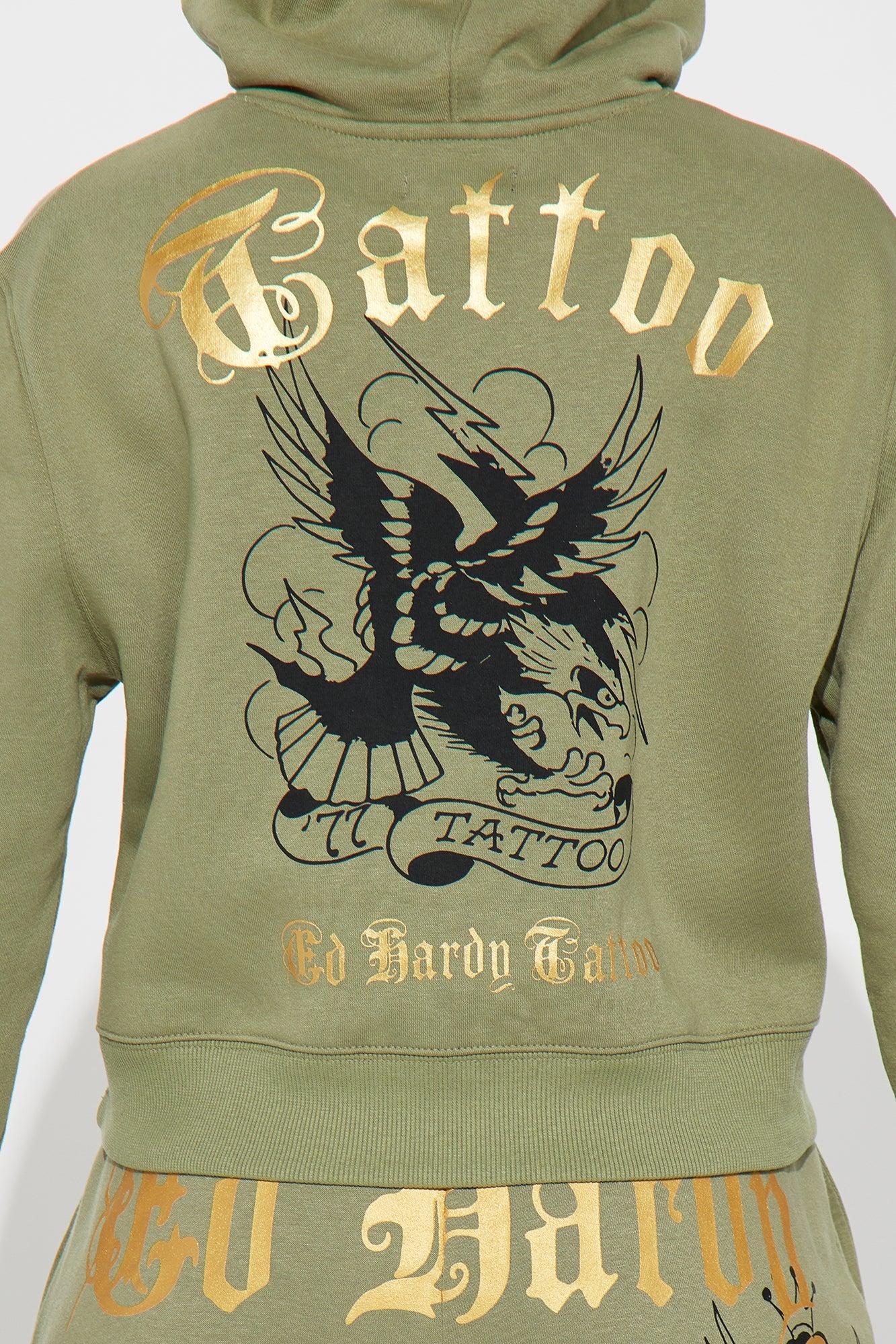 Ed Hardy Broken Hearts Cropped Hoodie - Sage Product Image