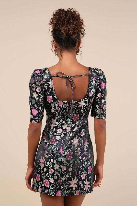 Decidedly Glam Black Floral Brocade Puff Sleeve Mini Dress Product Image