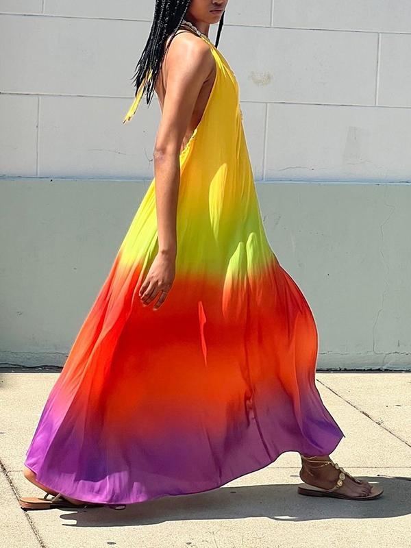 Loose Sleeveless Backless Contrast Color Pleated Split-Joint Tied Spaghetti-Neck Maxi Dresses Product Image