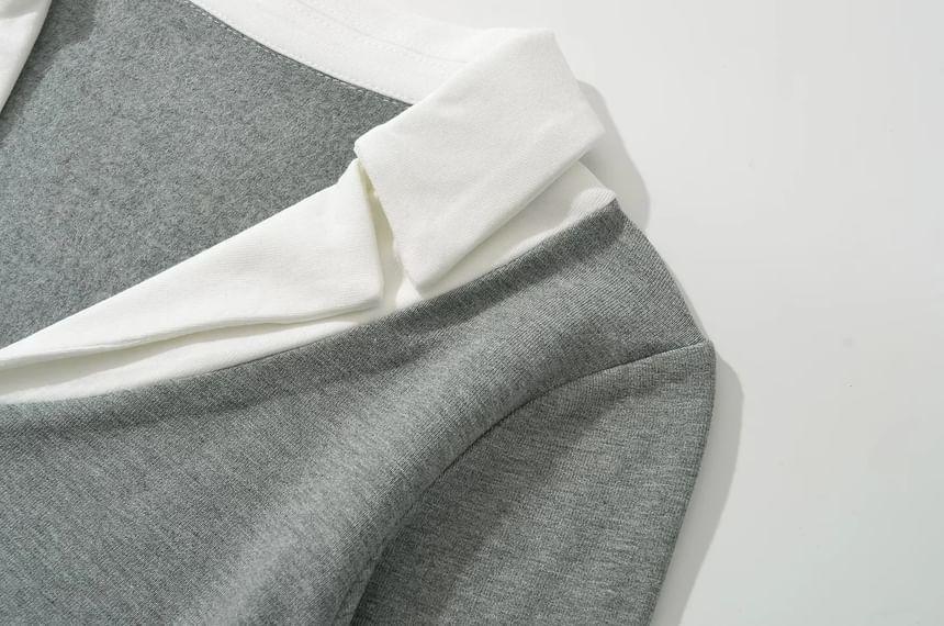Mock Two-Piece Long-Sleeve Two Tone Collared Top Product Image