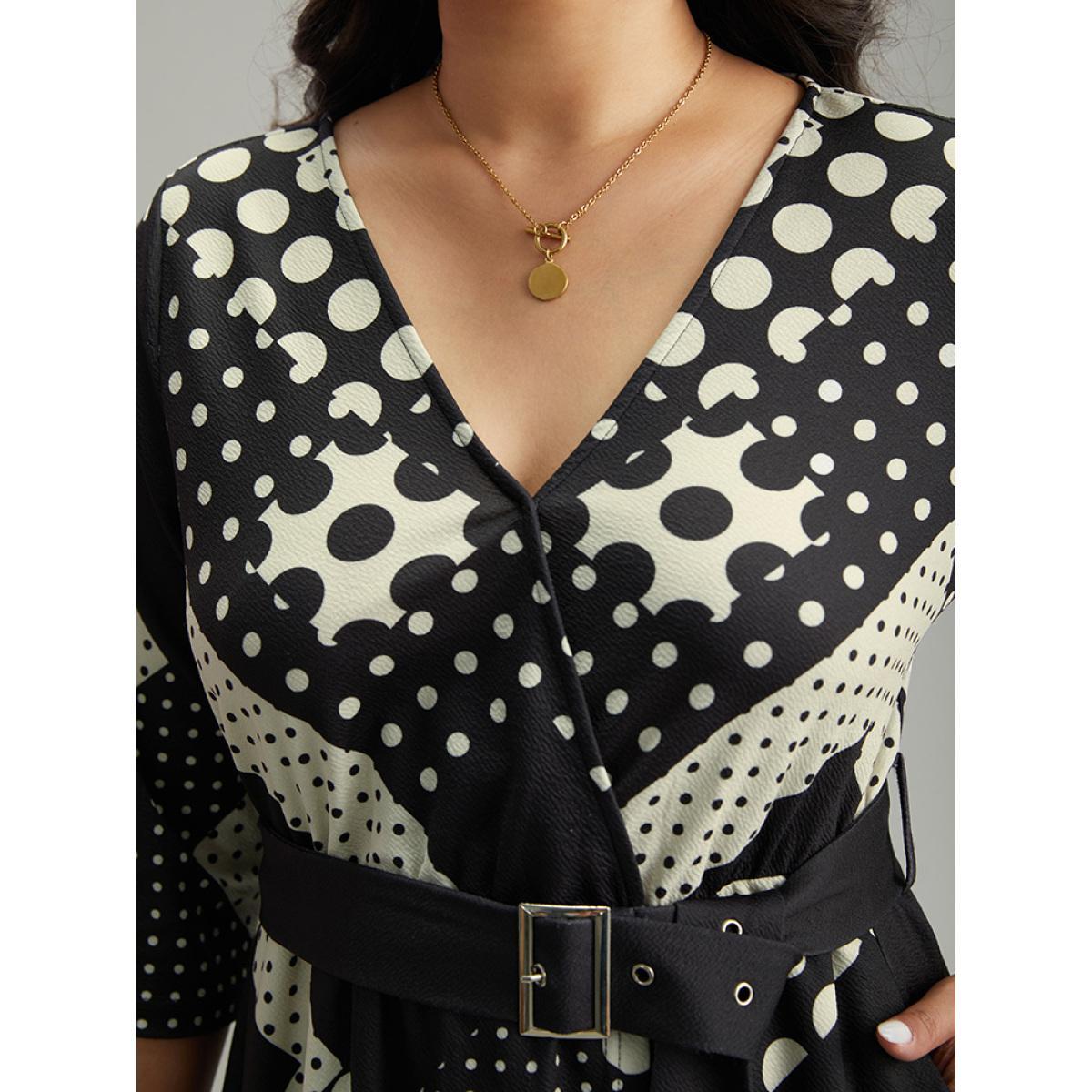 Plus Size Polka Dot Geometric print Belted Wrap Dress Black Women At the Office Wrap Overlap Collar Elbow-length sleeve Curvy Midi Dress BloomChic 28/5X Product Image