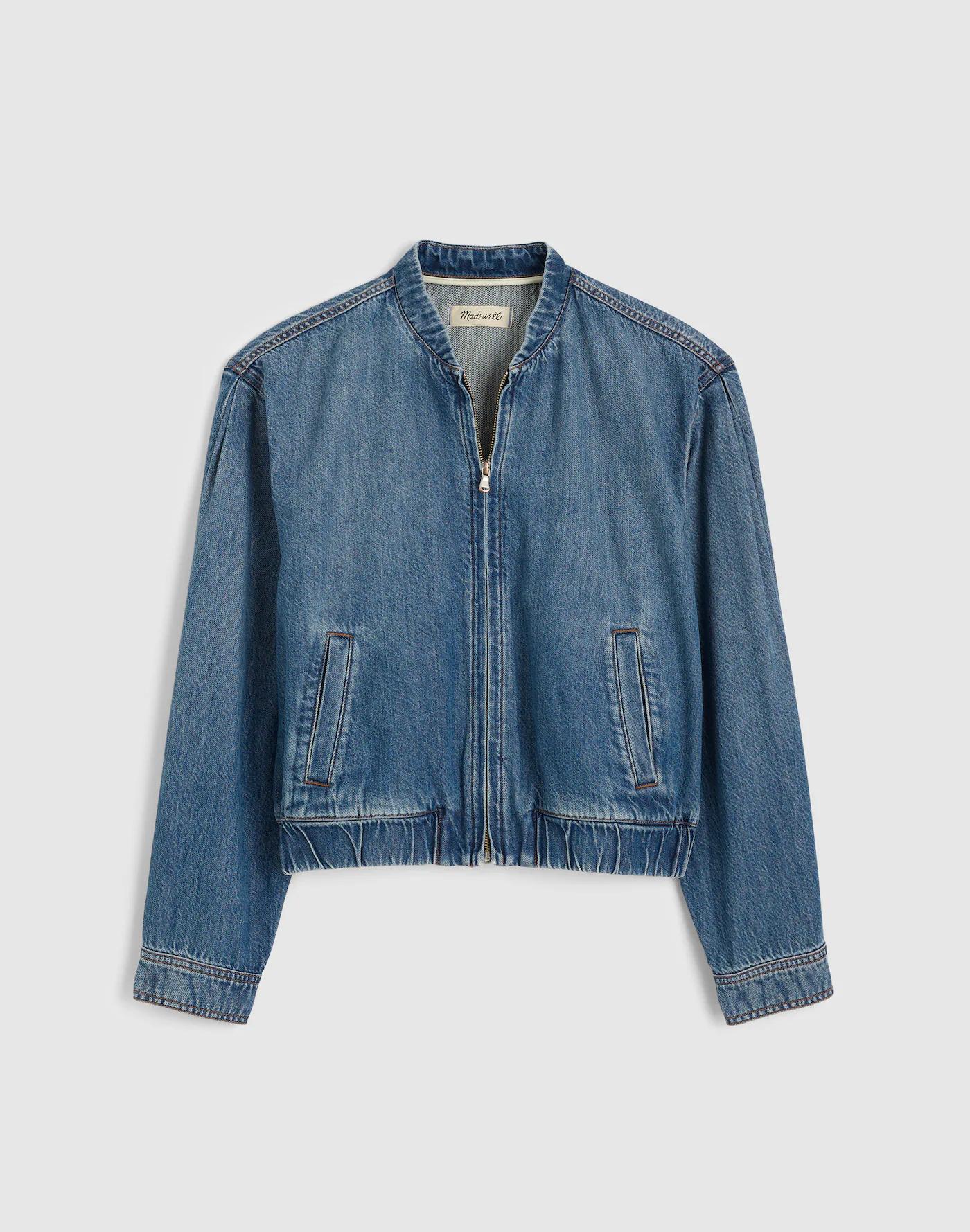 Denim Zip-Up Bomber Jacket Product Image