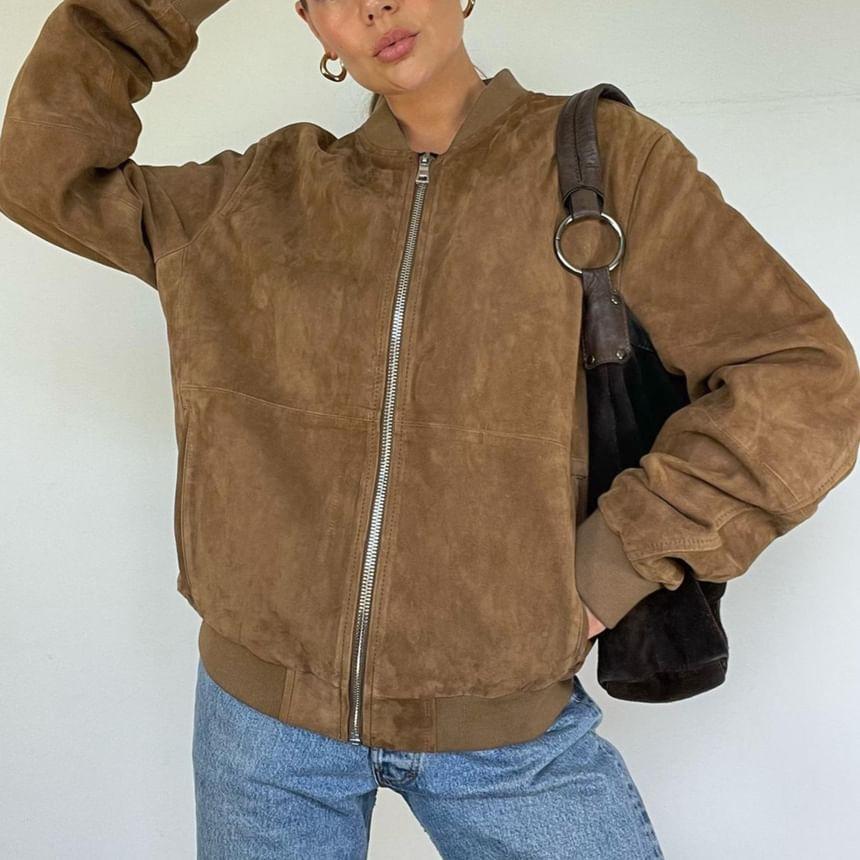 Plain Faux Suede Zip Baseball Jacket Product Image