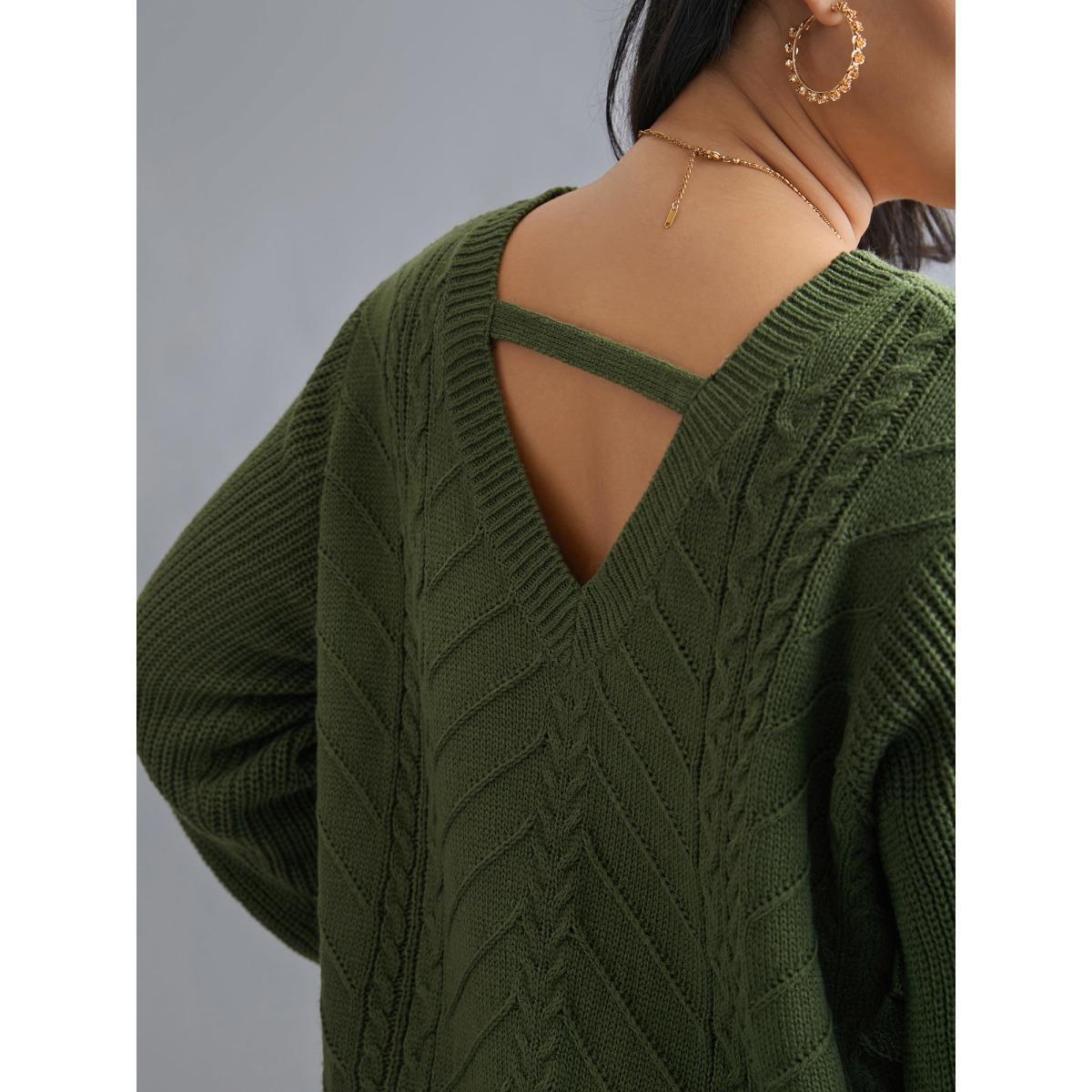 Plus Size Plain Hollow Out Cable Knit Pullover Moss Women Casual Loose Long Sleeve Round Neck Everyday Pullovers BloomChic 22-24/3X Product Image