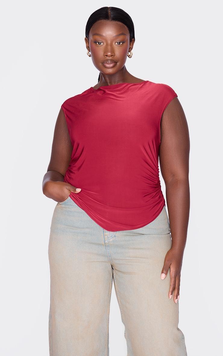 Plus Burgundy Slash Neckline Long Top Product Image