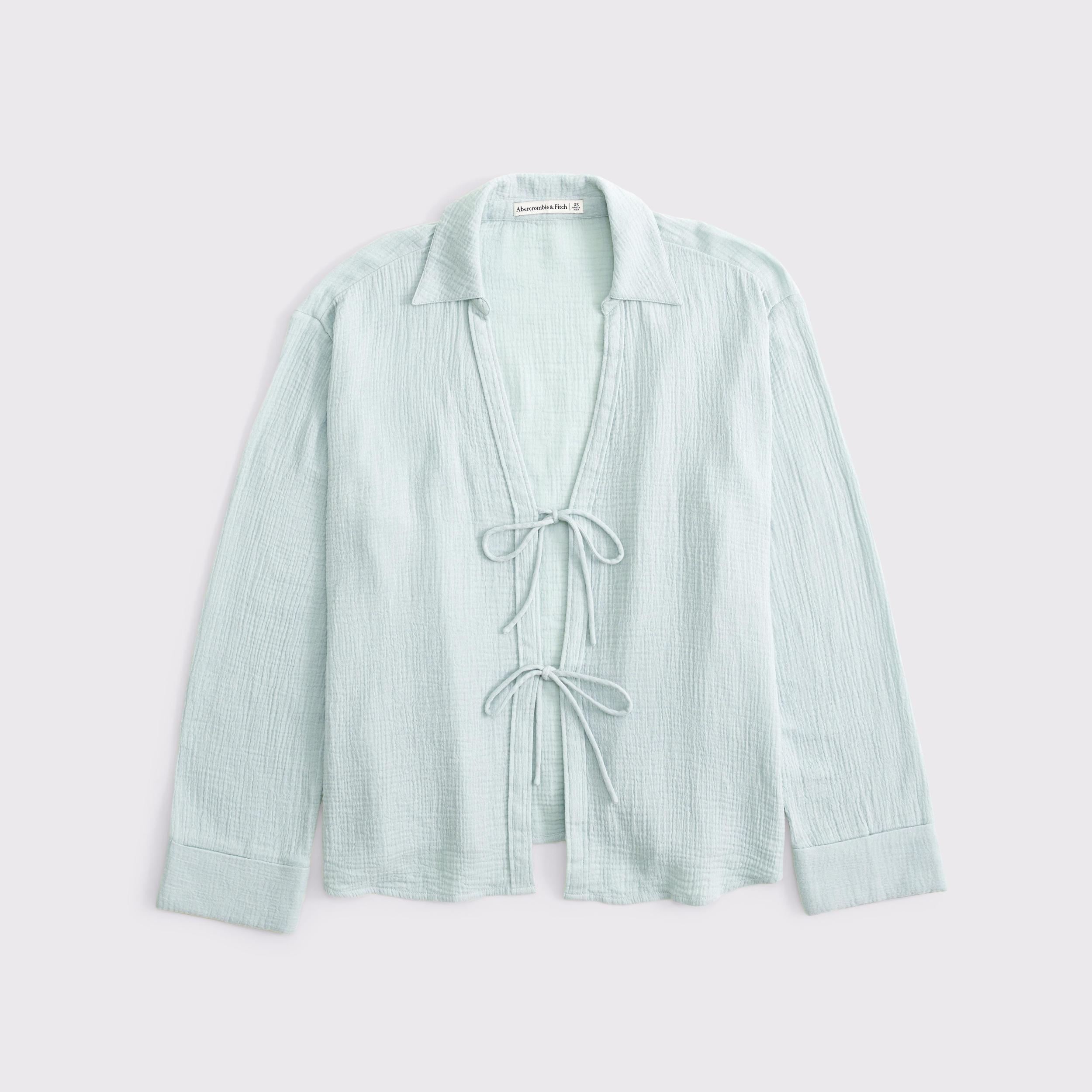 Long-Sleeve Oversized Tie-Front Gauzy Shirt Product Image