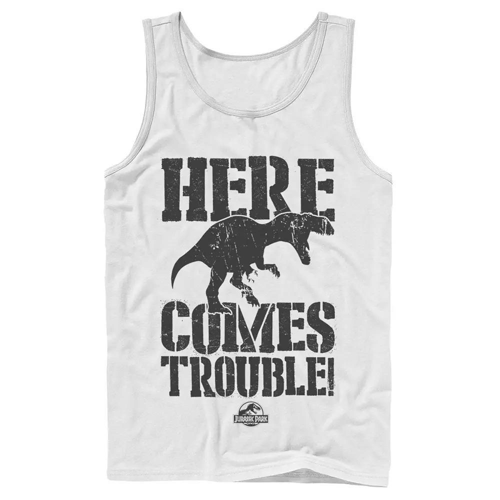 Men's Jurassic Park Here Comes Trouble Tank Top, Size: Small, Grey Product Image