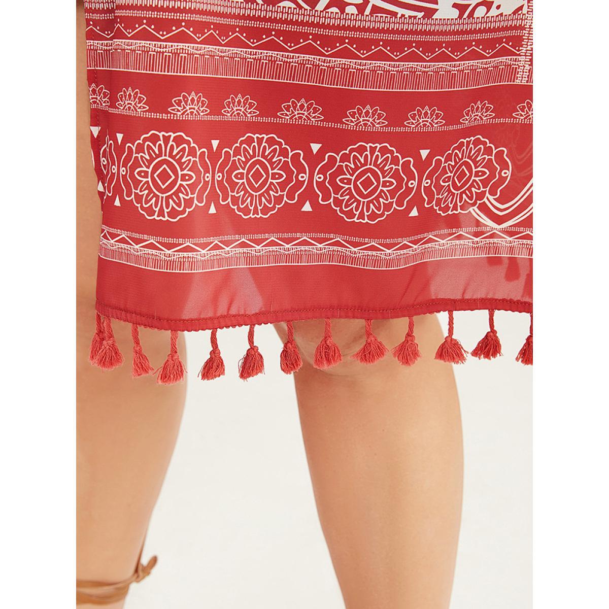 Plus Size Bandana Print Tassels Hem Open Front Kimono Women Rust Vacation Printed Oversized Dailywear Kimonos BloomChic 28/5X Product Image