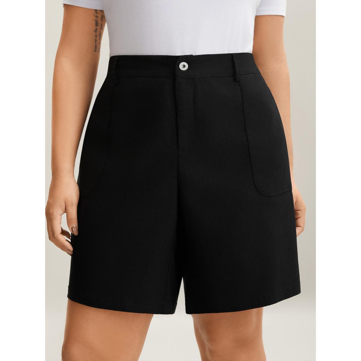 Plus Size Rubber Waist Zipper Pockets Shorts Women Black Casual Button Straight Leg Everyday Shorts BloomChic 30/6X Product Image