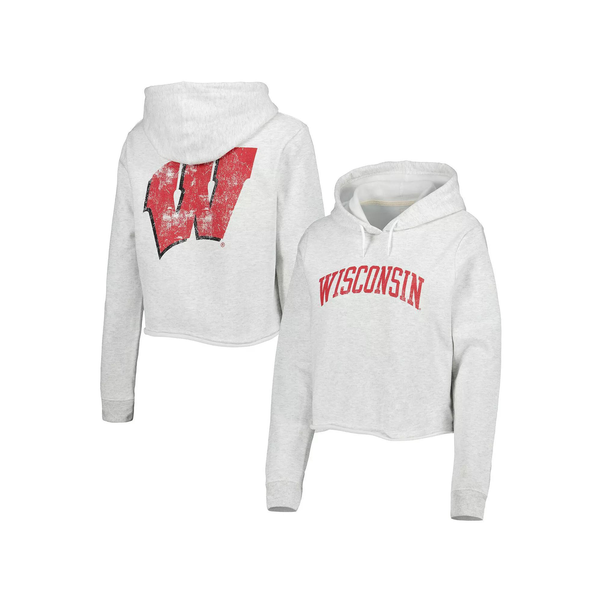 Women's League Collegiate Wear Ash Wisconsin Badgers 2-Hit 1636 Cropped Pullover Hoodie, Size: Large, Black Product Image