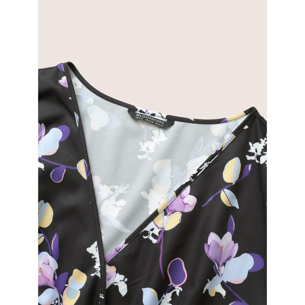Plus Size Floral Wrap Elastic Waist Lantern Sleeve Cropped Dress Black Women Elegant Non Overlap Collar Elbow-length sleeve Curvy Midi Dress BloomChic 18-20/2X Product Image