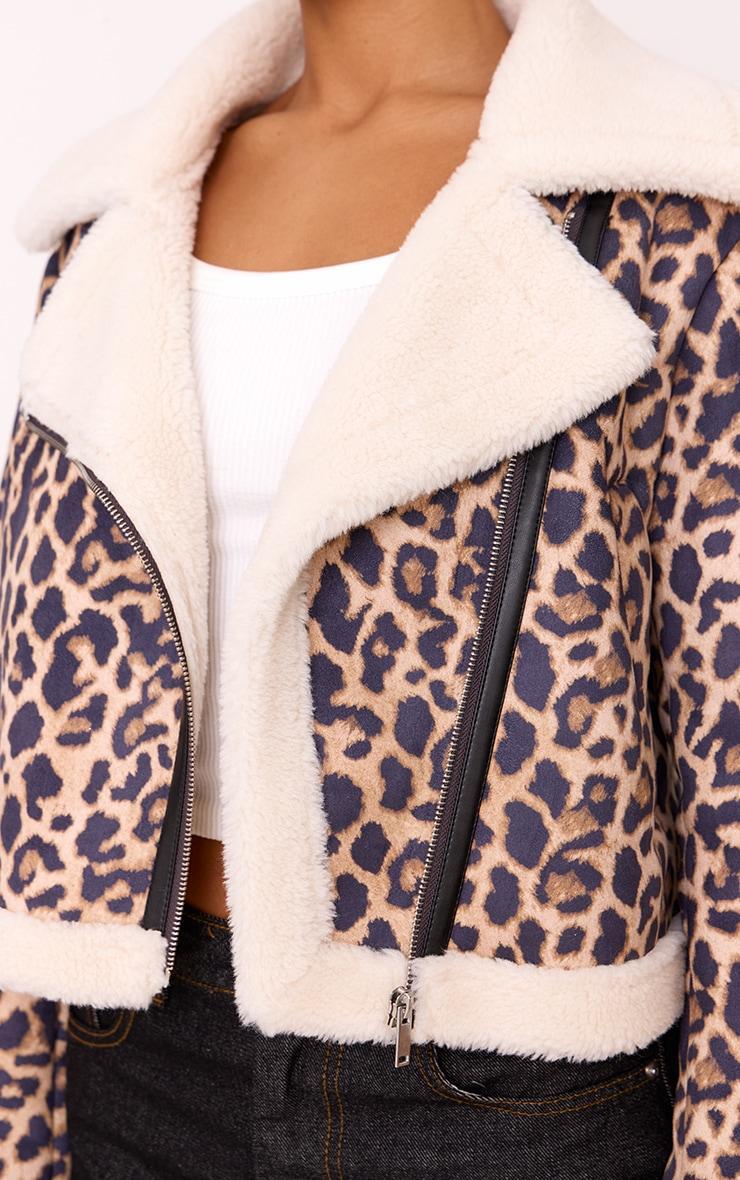 Brown Leopard Faux Suede Aviator Jacket Product Image