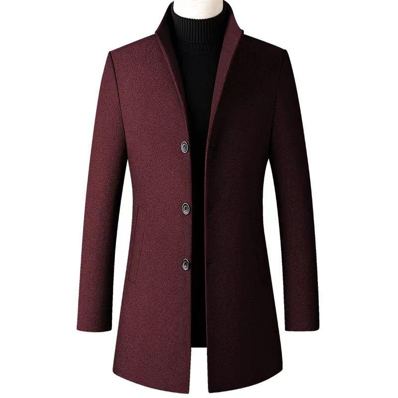 Stand Collar Plain Button-Up Coat Product Image