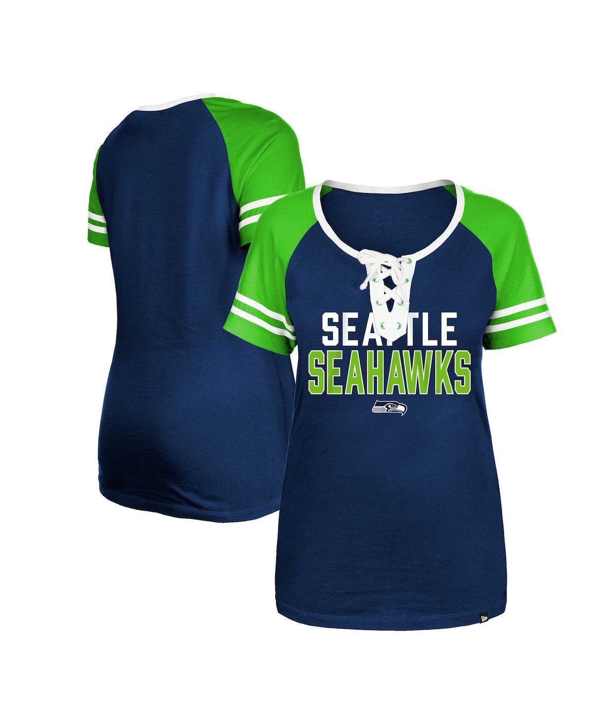 Women's New Era College Navy Seattle Seahawks Raglan Lace-Up T-Shirt, Size: Large, Blue Product Image