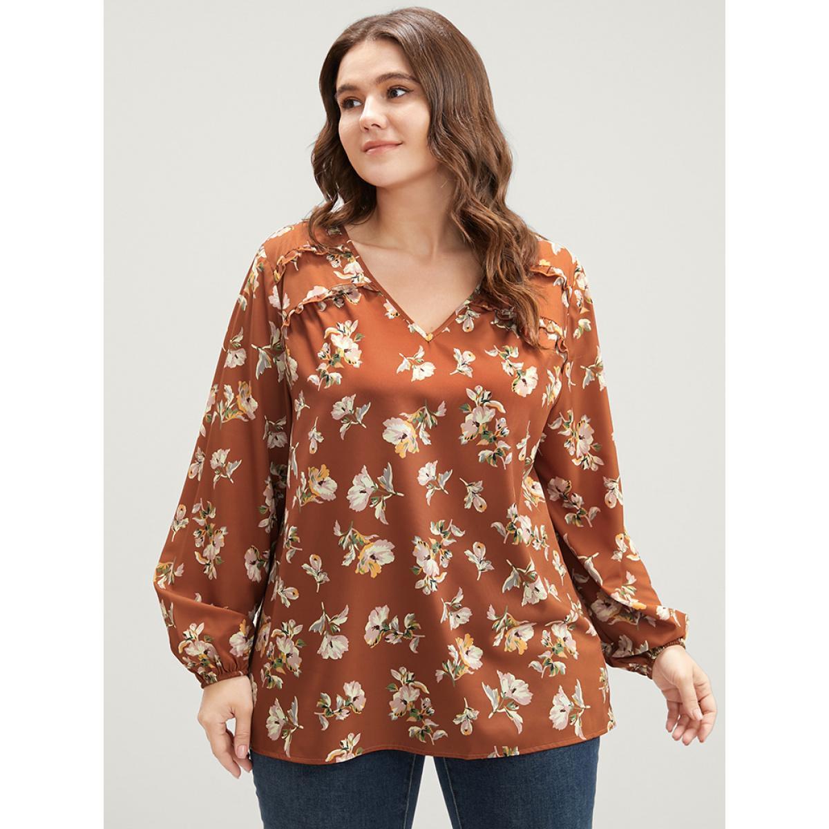 Plus Size Bronze Floral V Neck Ruffles Trim Lantern Sleeve Blouse Women Elegant Long Sleeve V-neck Dailywear Blouses BloomChic 10/M Product Image