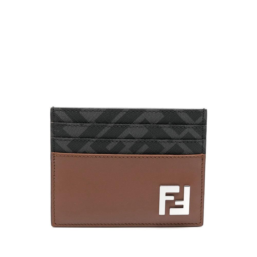 FENDI Leather And Ff Canvas Squared Card Holder In Brown Product Image