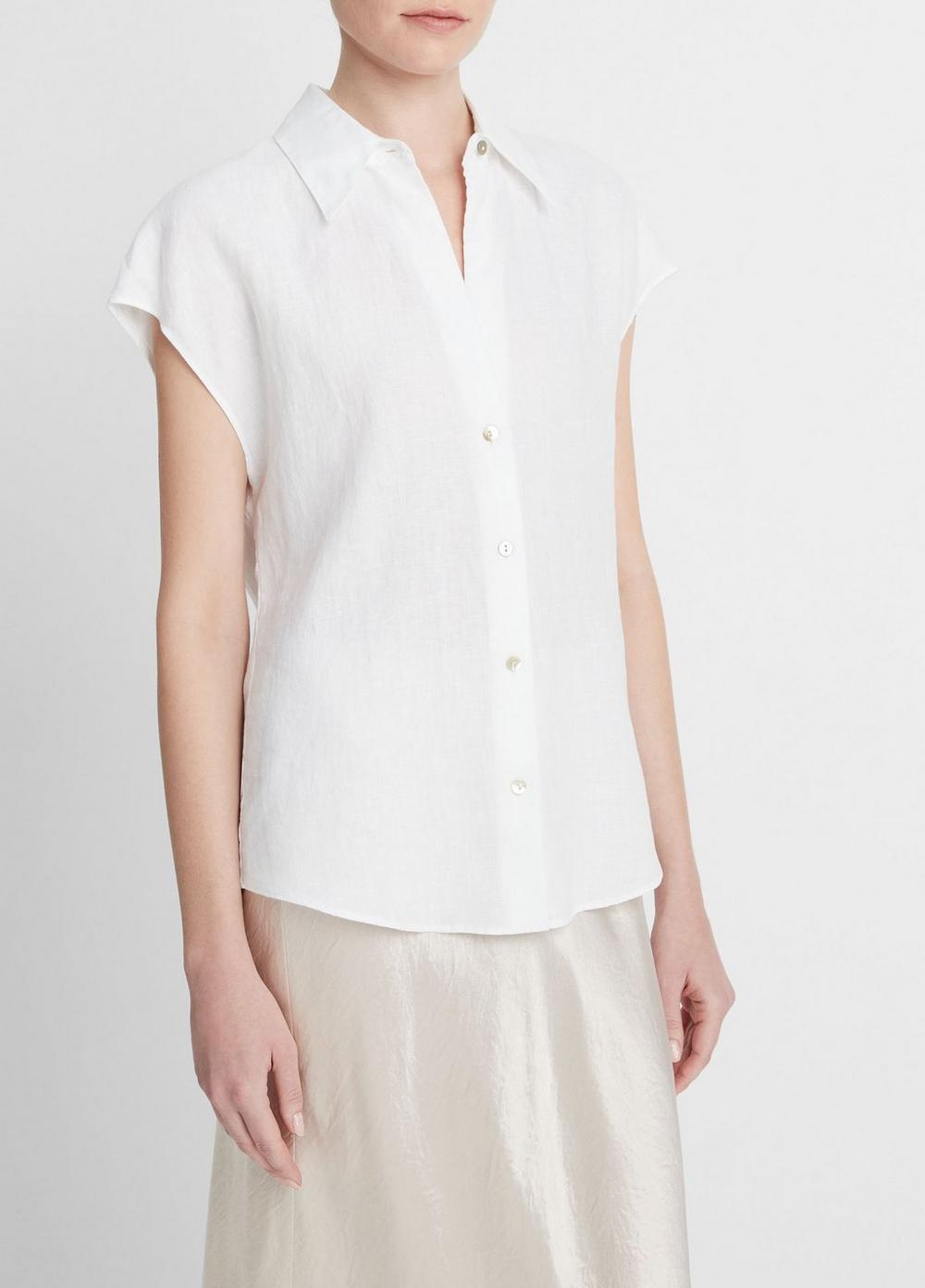 Womens Linen Cap-Sleeve Button-Front Blouse, Optic White, Size L Vince Product Image