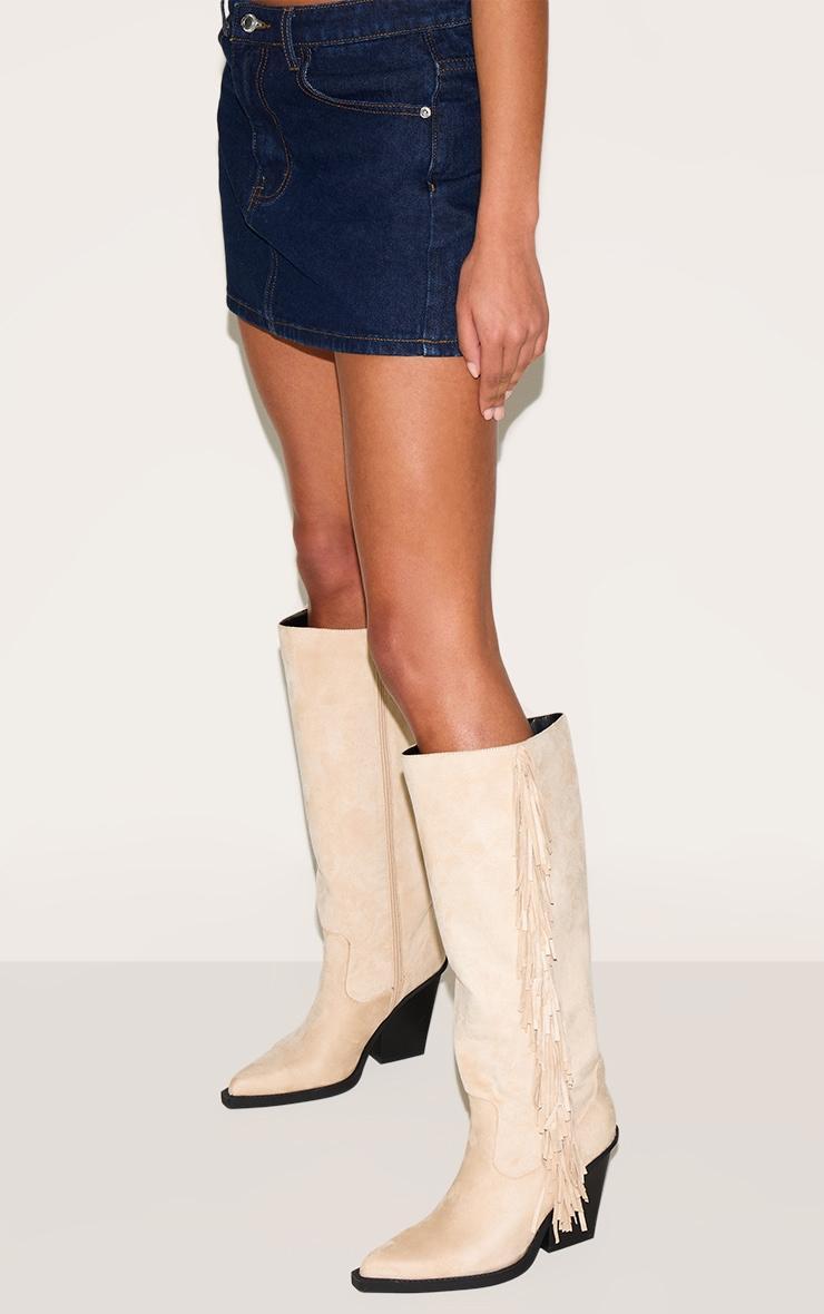 Cream Faux Suede Point Toe Fringed High Block Heel Knee Boots Product Image
