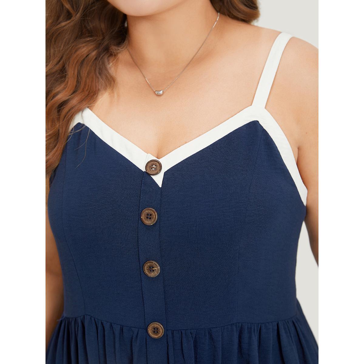 Plus Size Contrast Trim Pocket Button Detail Gathered Cami Dress Indigo Women Office Adjustable Straps Spaghetti Strap Sleeveless Curvy Midi Dress BloomChic 28/5X Product Image