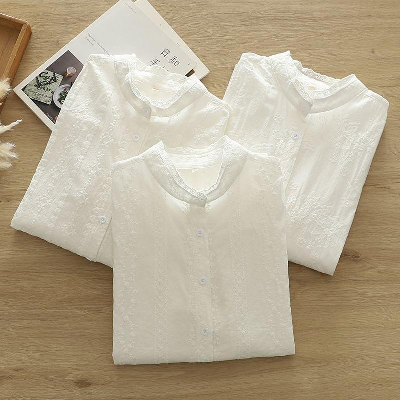 Long Sleeve Band Collar Embroidered Shirt Product Image