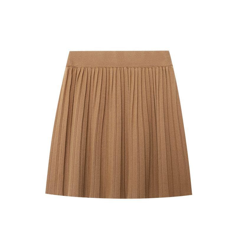 High Rise Plain Knitted Mini Pleated Skirt Product Image