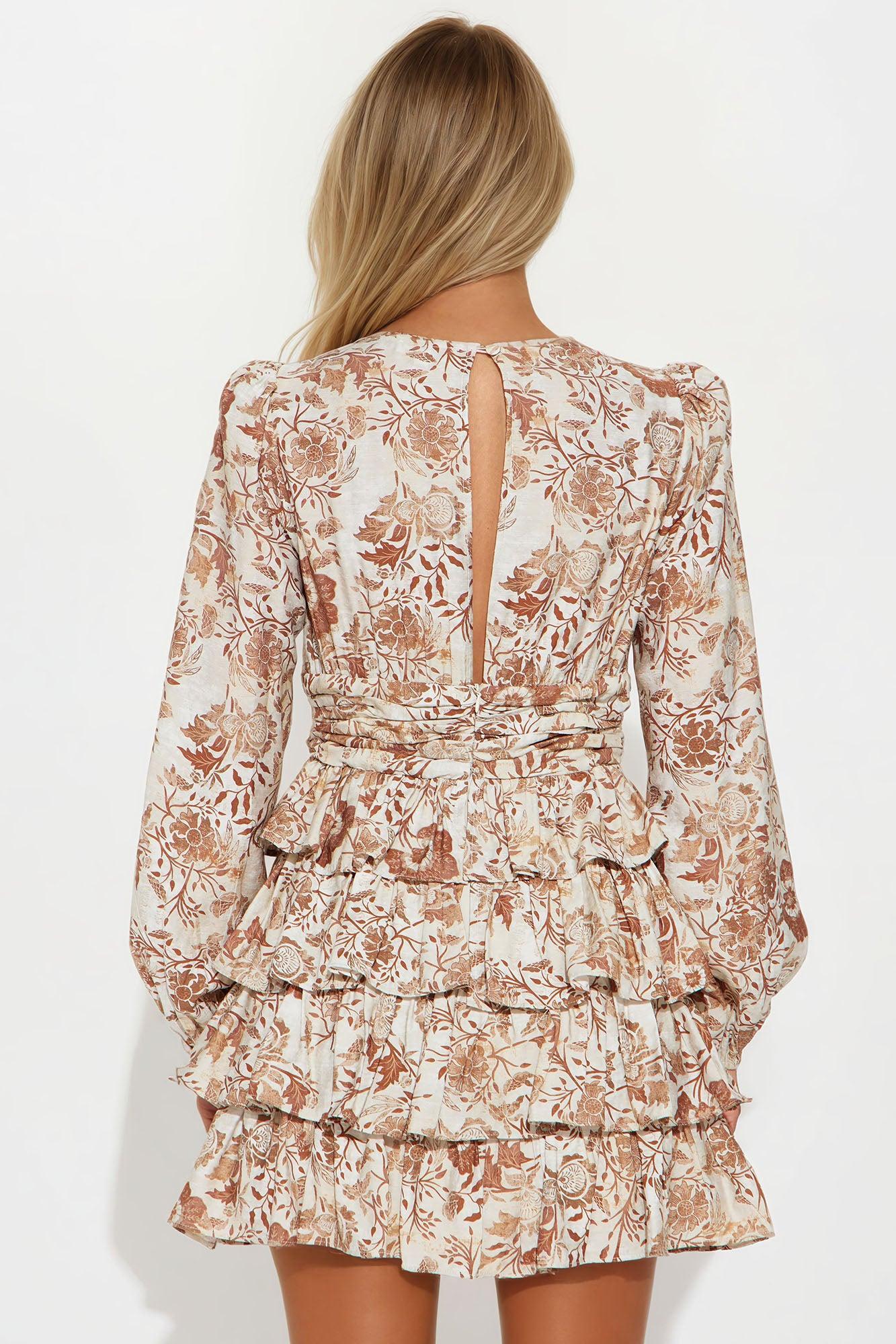 Magnolia Floral Linen Mini Dress - Beige/Brown Product Image