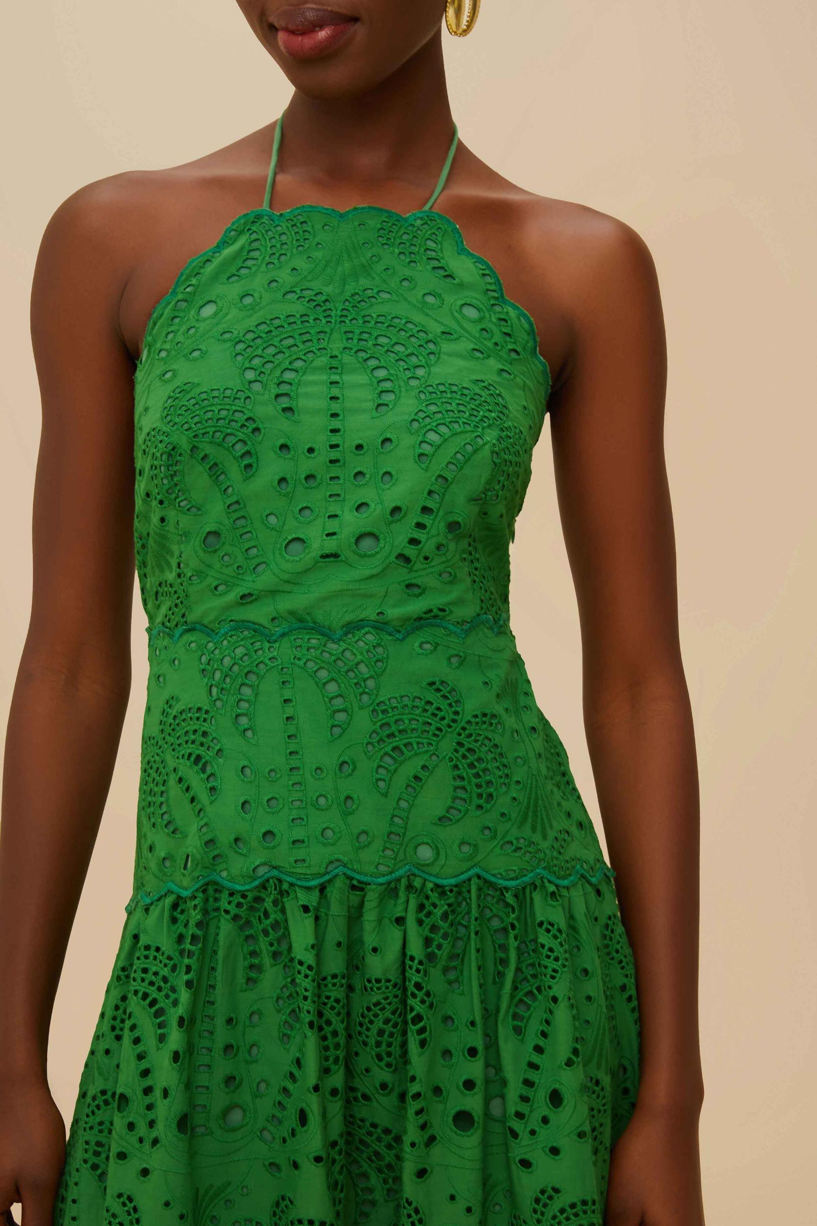 Green Palm Tree Eyelet Halter Neck Midi Dress Product Image