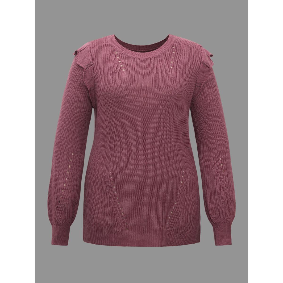 Plus Size Plain Texture Trim Lantern Sleeve Pullover DustyPink Women Casual Loose Long Sleeve Round Neck Everyday Pullovers BloomChic 10/M Product Image