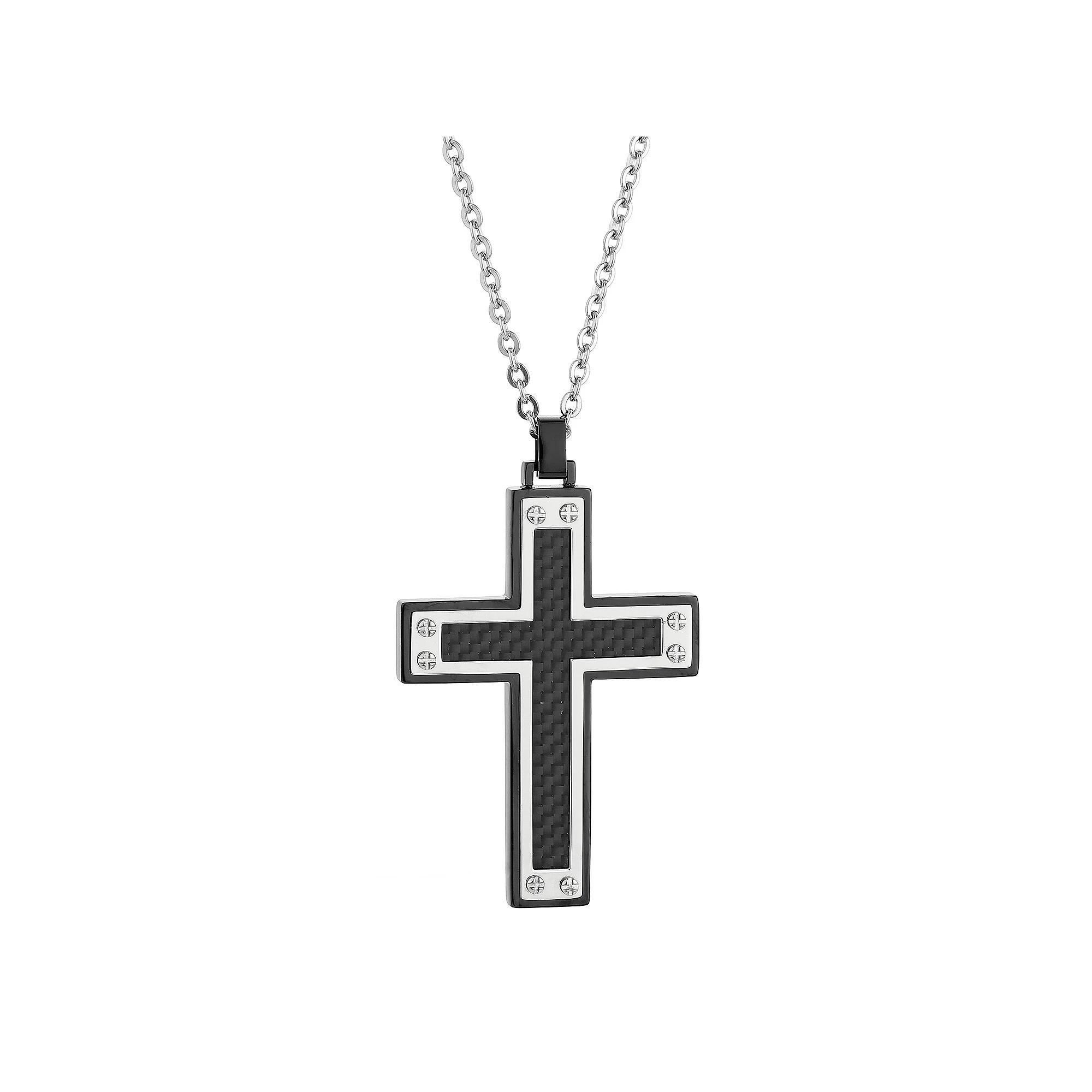 LYNX Men's Stainless Steel & Carbon Fiber Cross Pendant Necklace, Size: 22", Two Tone Product Image