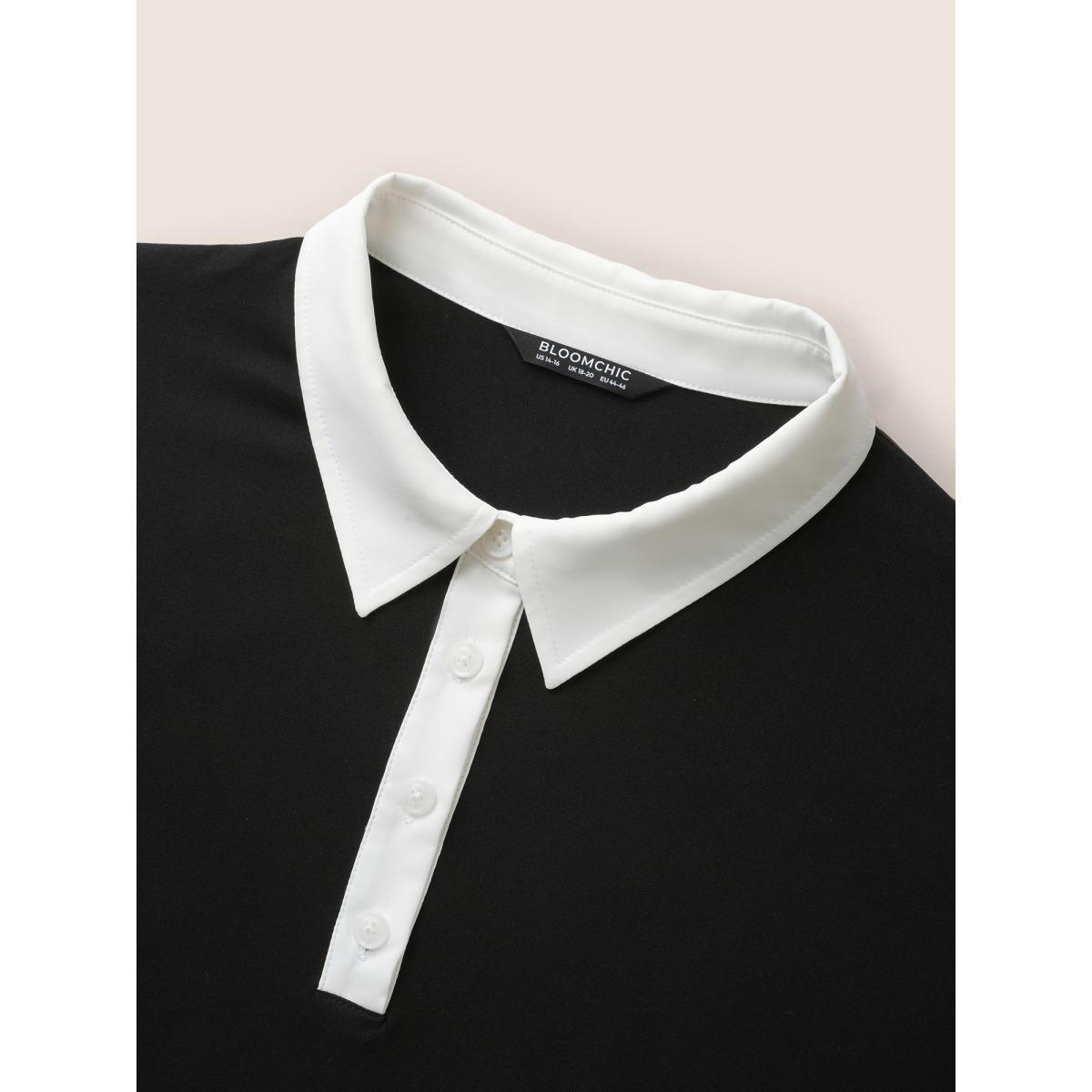 Plus Size Black Stretchy Woven Shirt Collar Contrast Blouse Women Workwear Essentials Short sleeve Shirt collar Work Blouses BloomChic 30/6X Product Image
